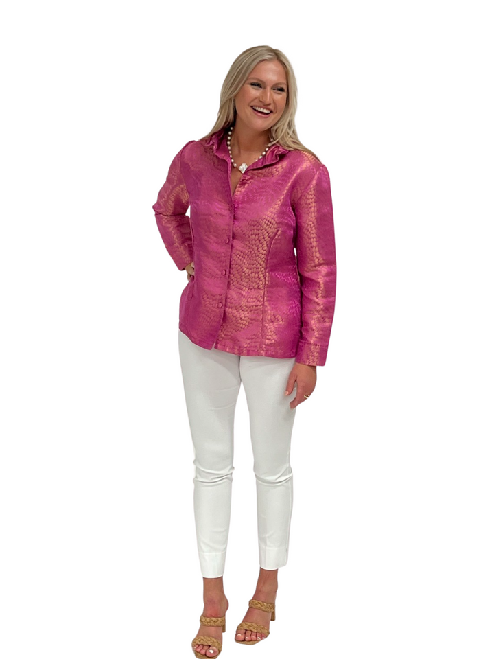 The Diana Button Front Ruffle Collar Top in Pink and Gold Jaquard — view 2