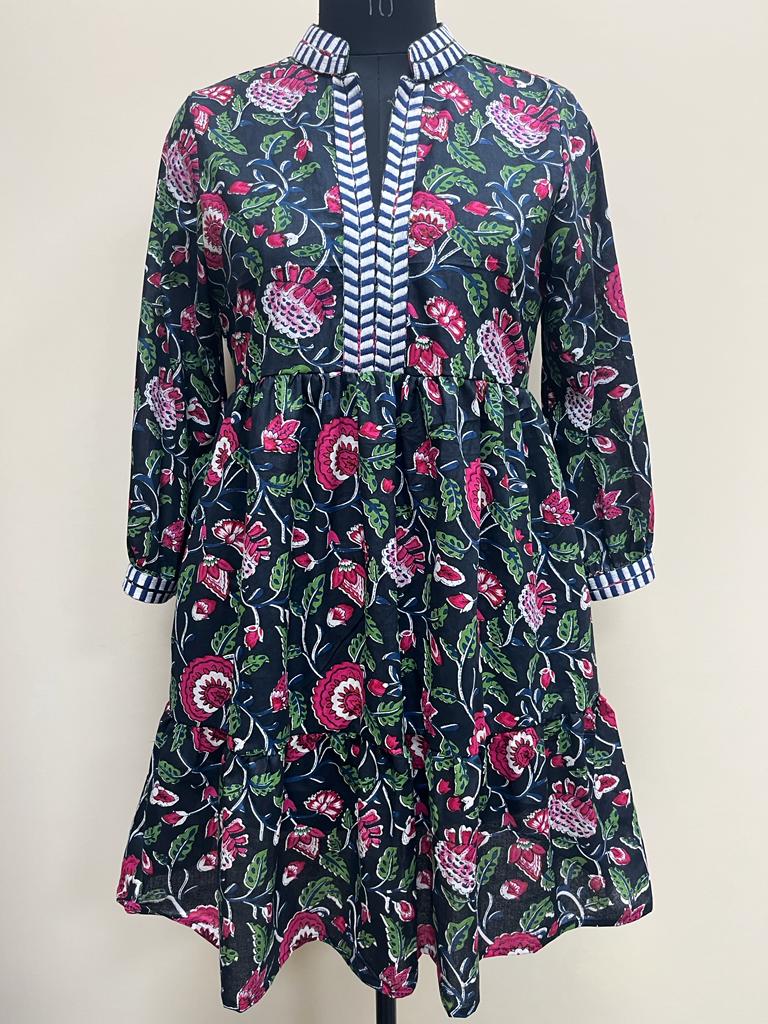 The Naomi Cotton Block Print Black Pink Floral Dress with Embroidered Trim — view 7