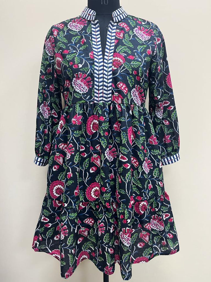 The Naomi Cotton Block Print Black Pink Floral Dress with Embroidered Trim — view 7