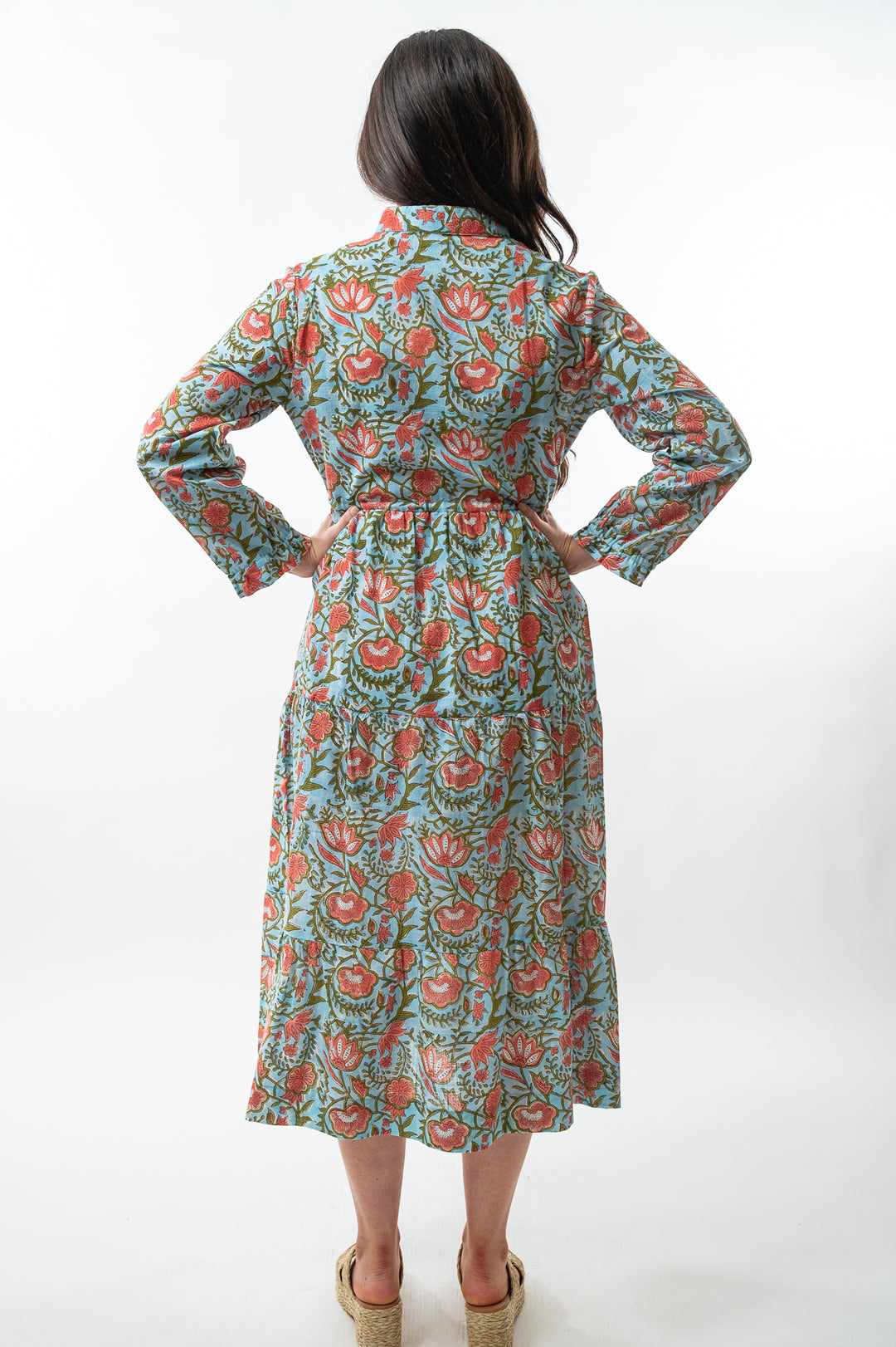 The Hamilton Cinch Waist Long Length Dress in Turquoise and Coral Hand Block Floral — view 6