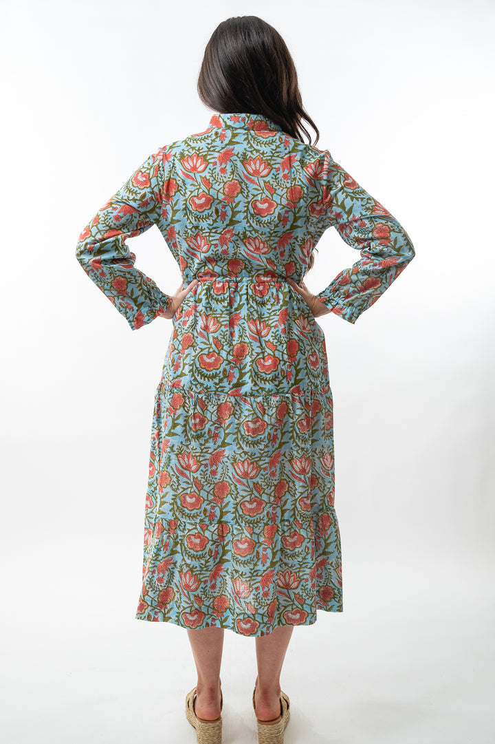 The Hamilton Cinch Waist Long Length Dress in Turquoise and Coral Hand Block Floral — view 6