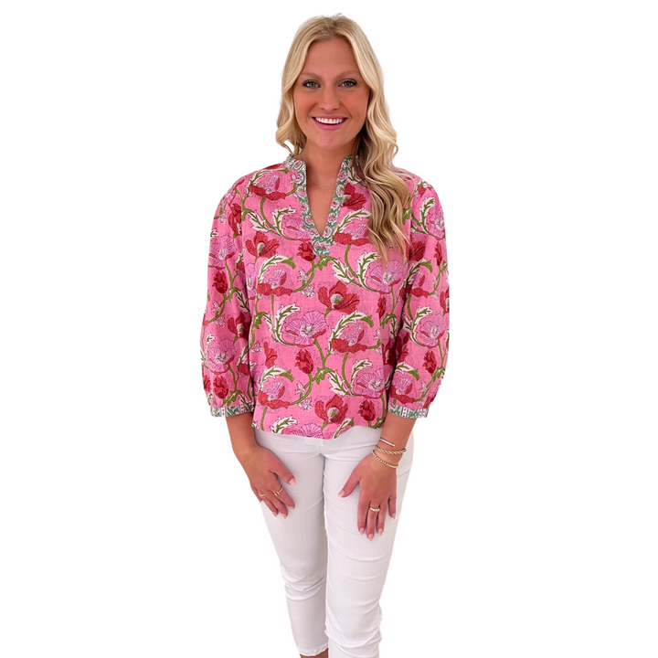 The Kelsea Cotton Block Print Top in Pink Floral