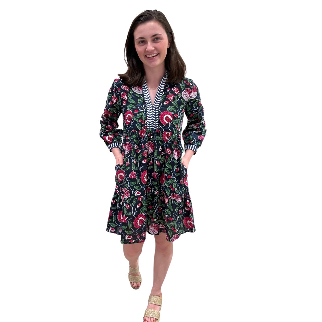 The Naomi Cotton Block Print Black Pink Floral Dress with Embroidered Trim