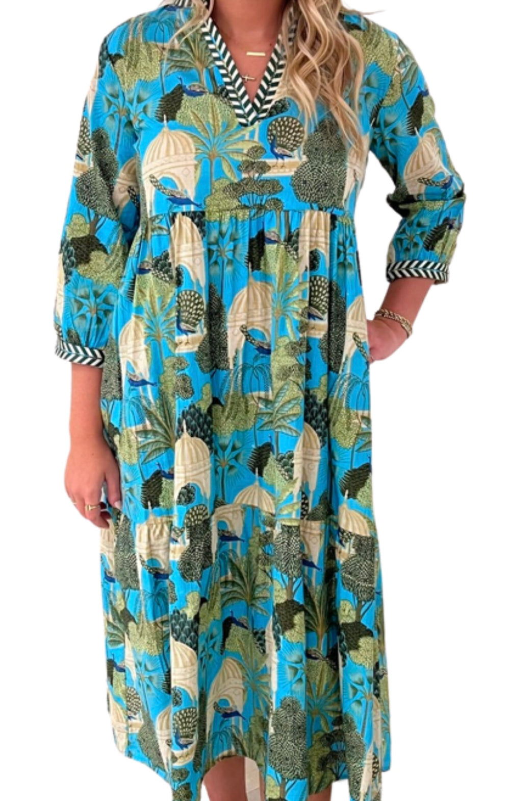 The Morley Long Length Dress in Turquoise Tropical Cabana Cotton — view 2
