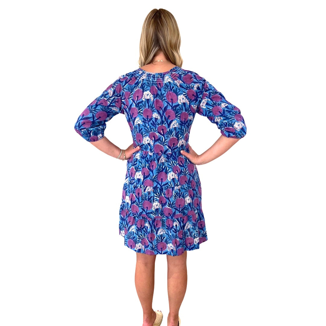 The Dahlia Smocked Neck 3/4 Sleeve Dress in Lavender and Blue Hand Blocked Cotton — view 4