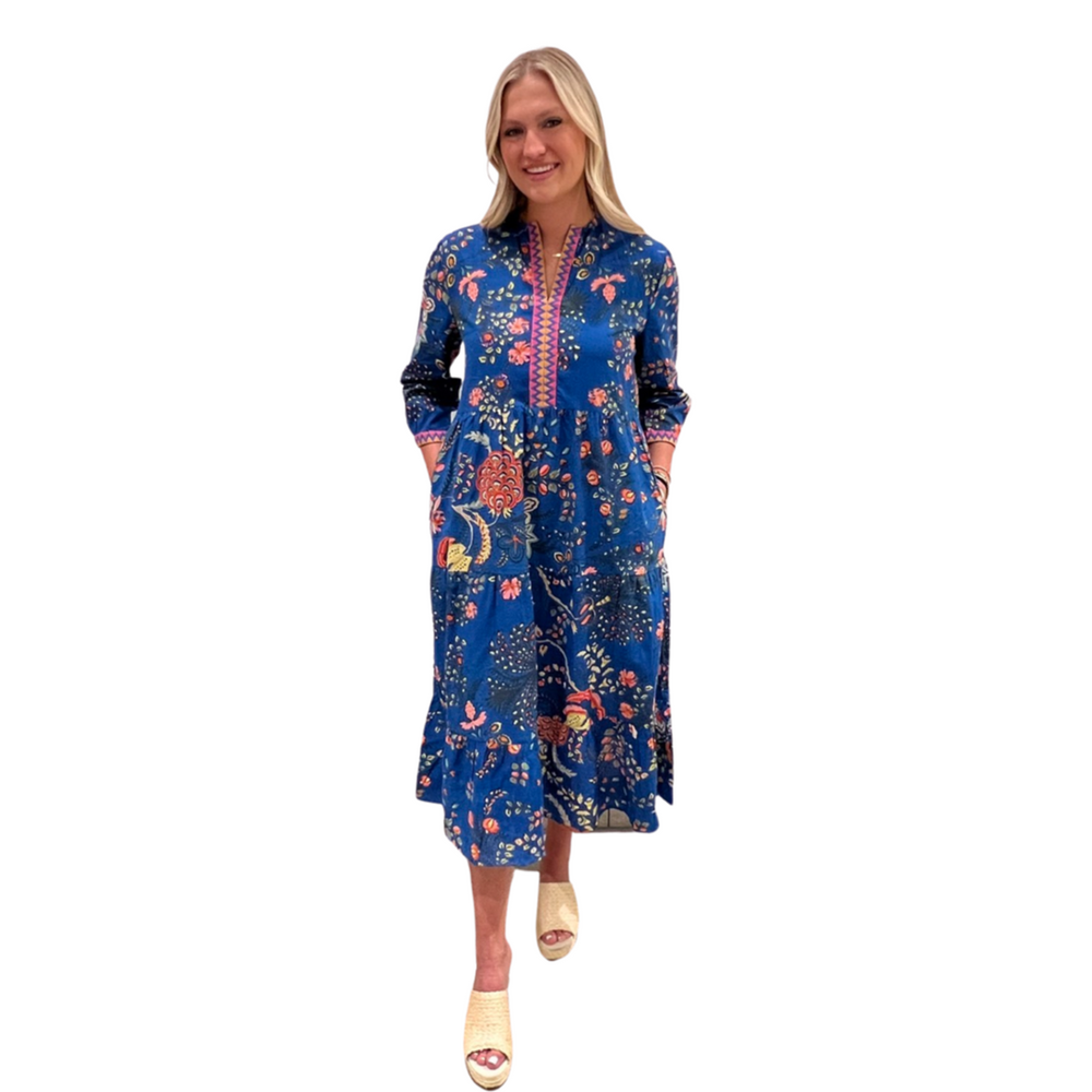 The Daniella Embroidered Trim Long Length Dress in Blue Gallery Floral — view 2