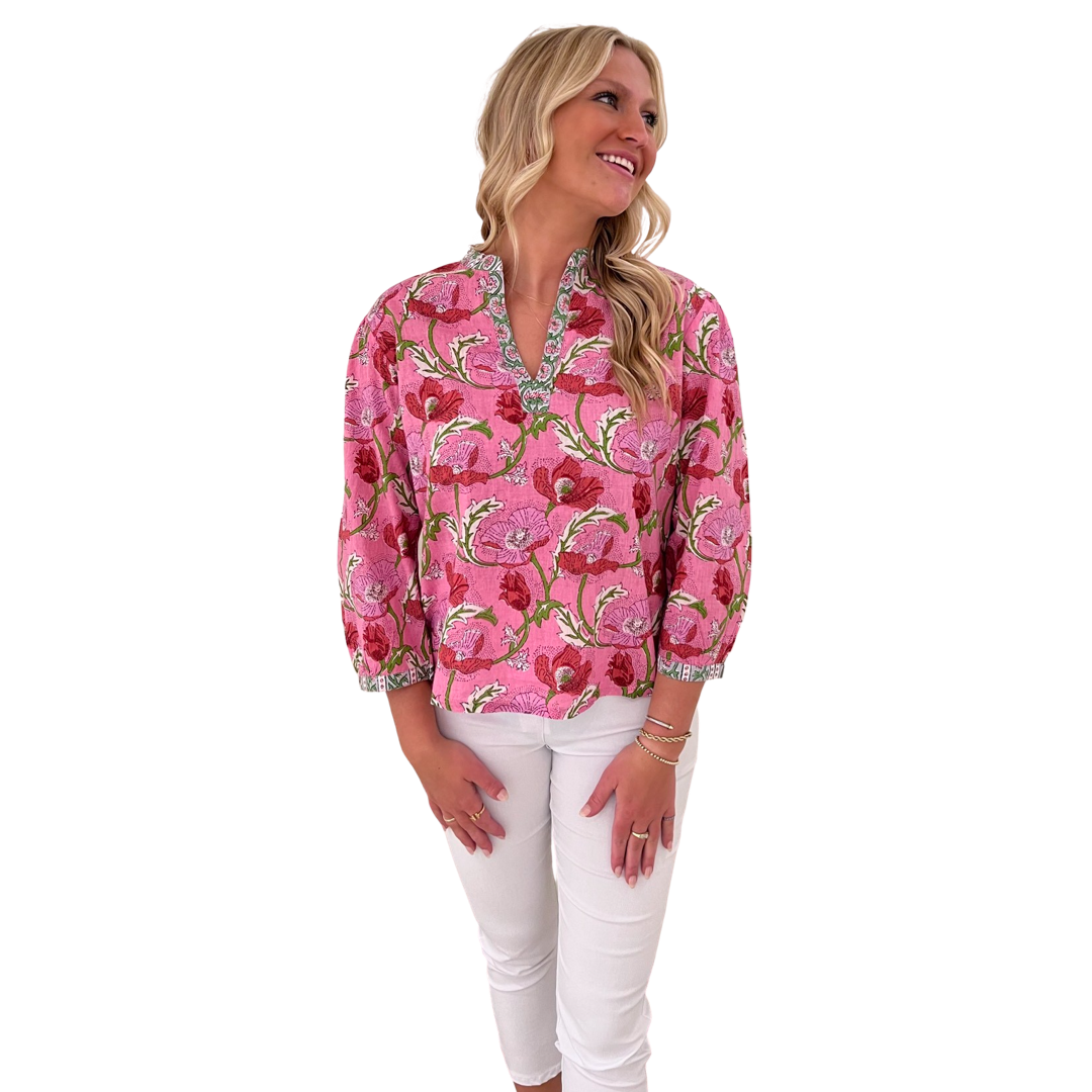 The Kelsea Cotton Block Print Top in Pink Floral — view 3