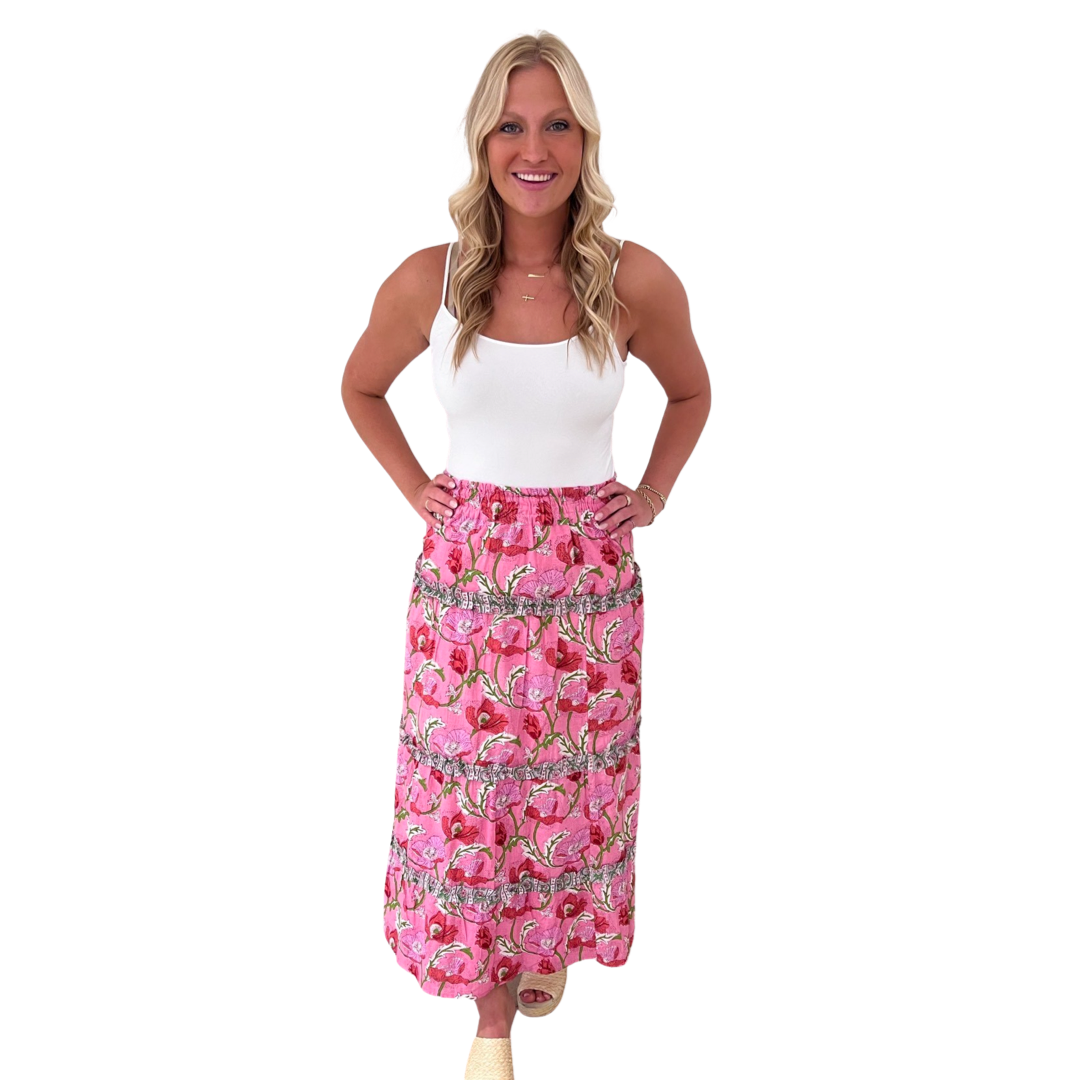 The Kara Block Print Long Length Skirt in Pink Floral – Liza The Kara Block Print Long Length Skirt in Pink Floral – Liza
