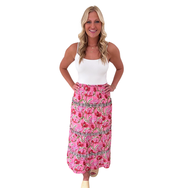 The Kara Block Print Long Length Skirt in Pink Floral