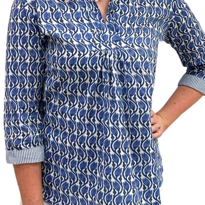 The Eloise Cotton Block Print Top in Blue Tulip Floral — view 7