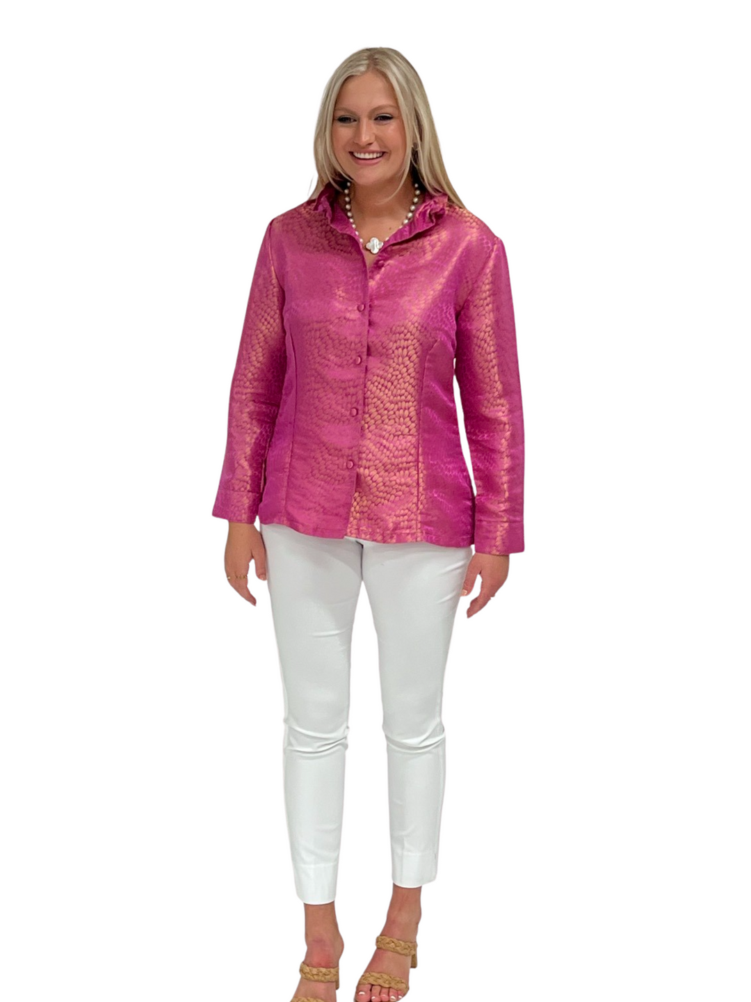 The Diana Button Front Ruffle Collar Top in Pink and Gold Jaquard — view 3
