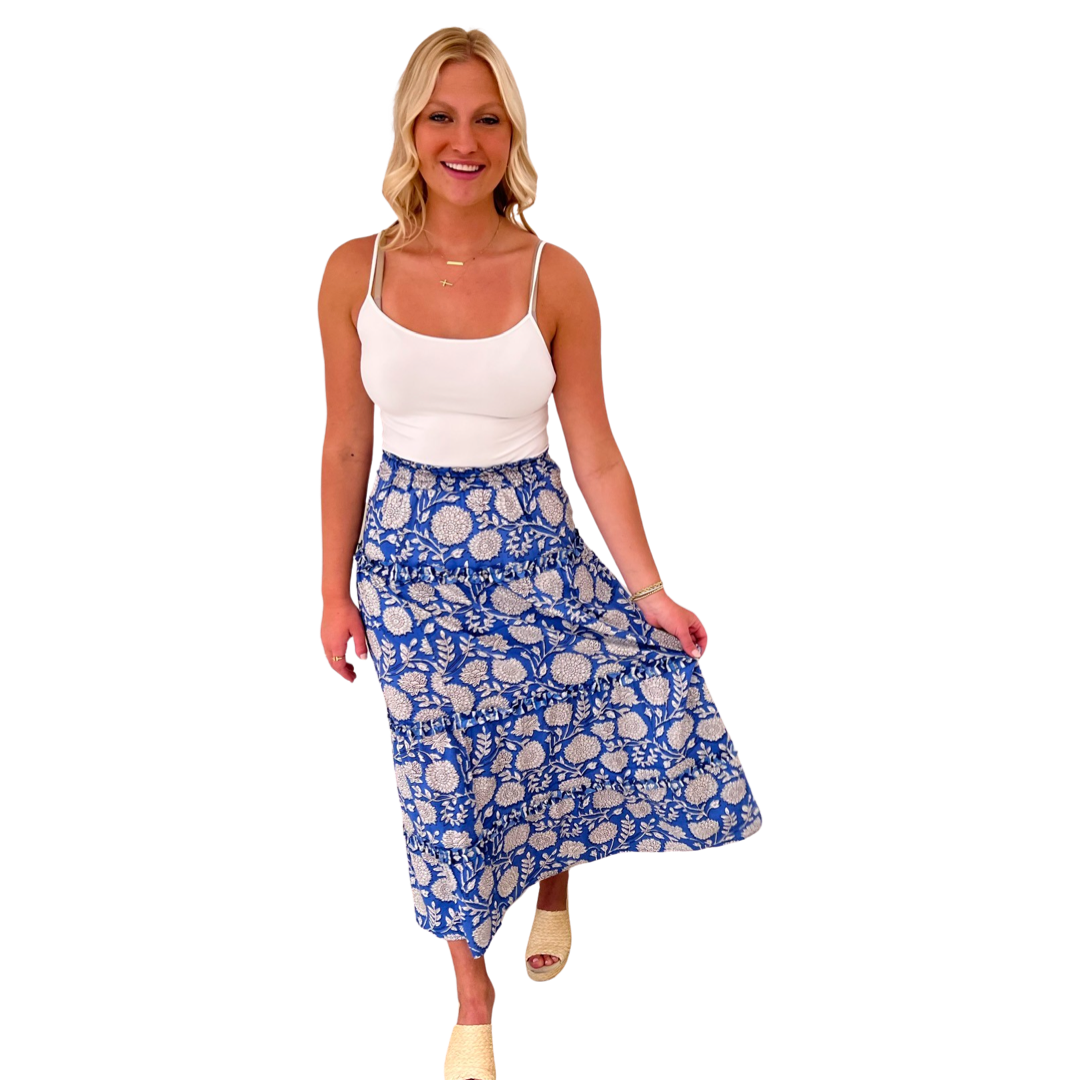 The Kara Long Length Hand Block Printed Skirt in Blue and White — view 4