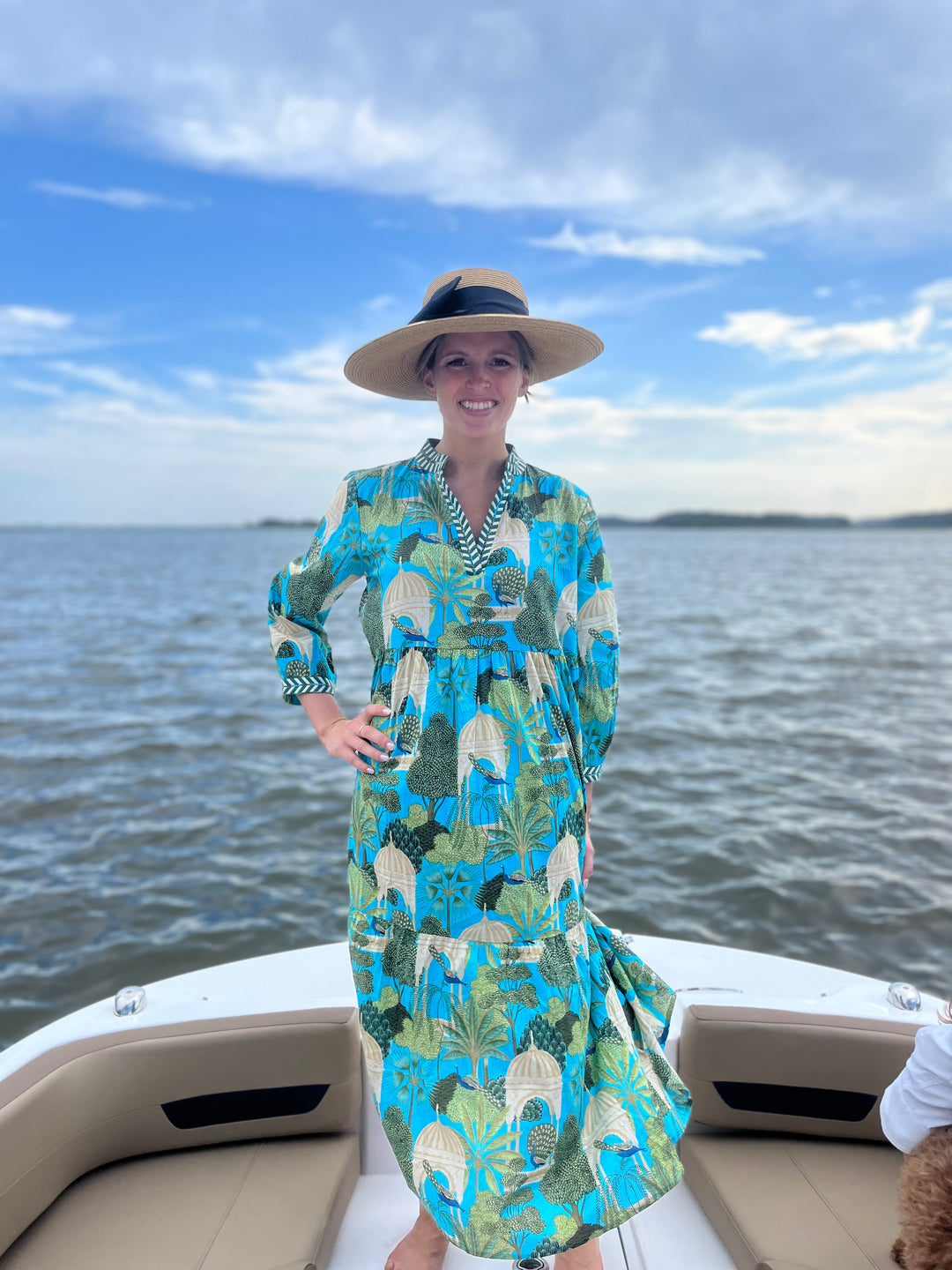 The Morley Long Length Dress in Turquoise Tropical Cabana Cotton — view 7