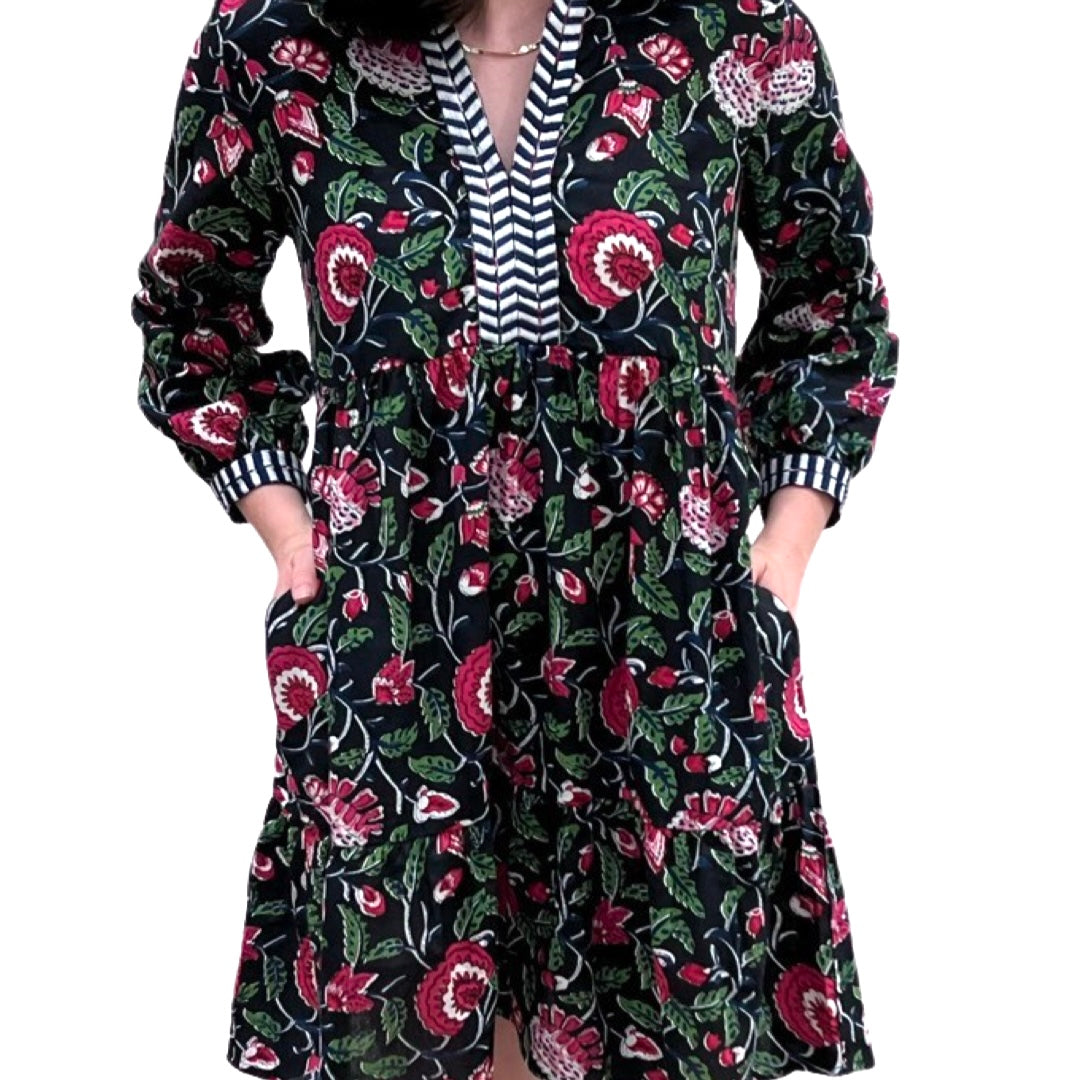 The Naomi Cotton Block Print Black Pink Floral Dress with Embroidered Trim — view 4
