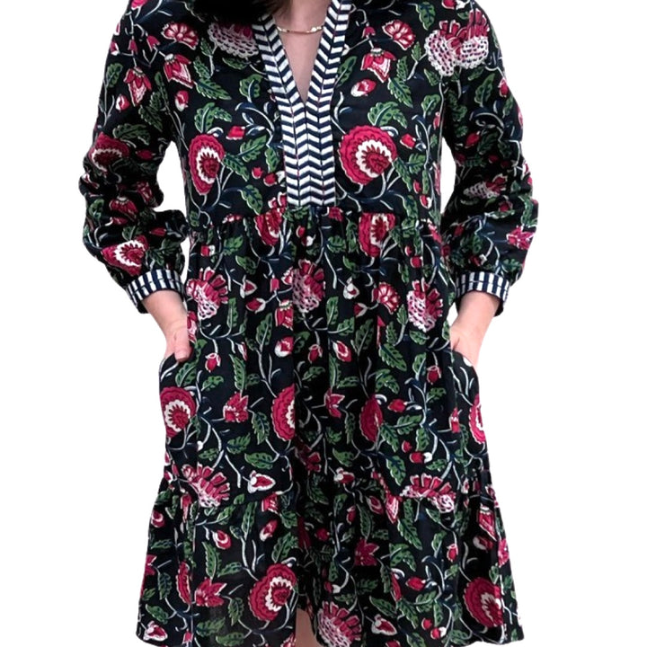 The Naomi Cotton Block Print Black Pink Floral Dress with Embroidered Trim — view 4