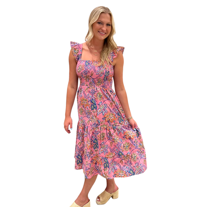The Cloey Pretty-in-Pink Cotton Block Print Smocked Dress