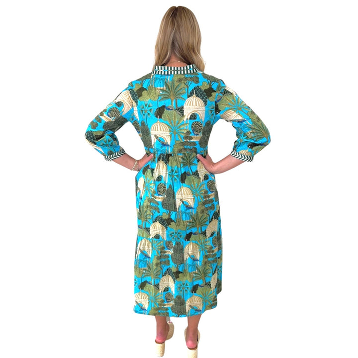 The Morley Long Length Dress in Turquoise Tropical Cabana Cotton — view 5