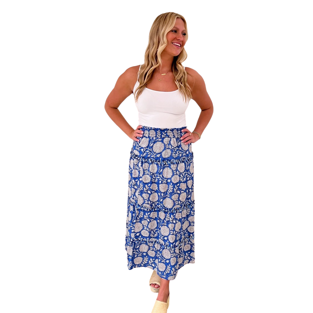 The Kara Long Length Hand Block Printed Skirt in Blue and White — view 5