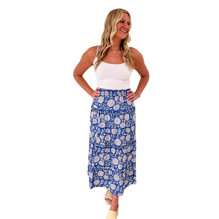 The Kara Long Length Hand Block Printed Skirt in Blue and White — view 5