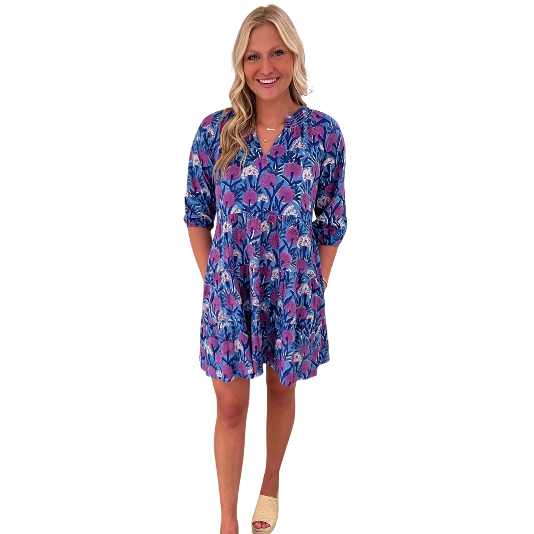 The Dahlia Smocked Neck 3/4 Sleeve Dress in Lavender and Blue Hand Blocked Cotton — view 6