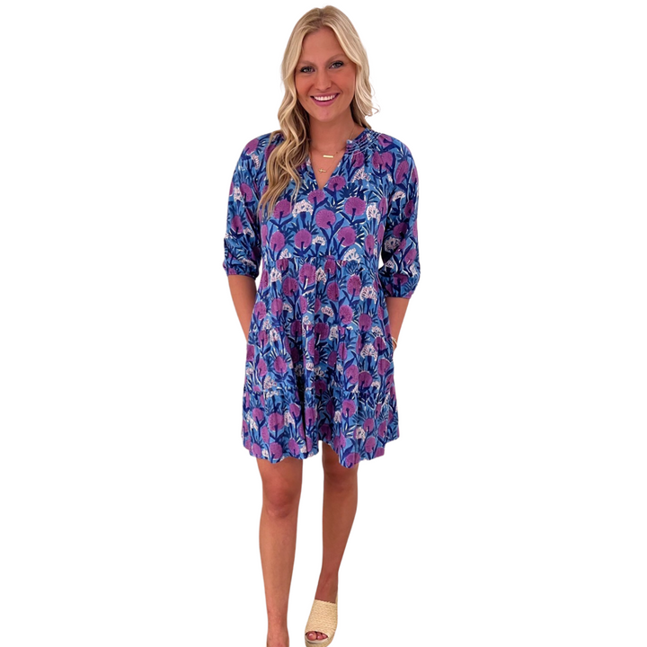 The Dahlia Smocked Neck 3/4 Sleeve Dress in Lavender and Blue Hand Blocked Cotton — view 6