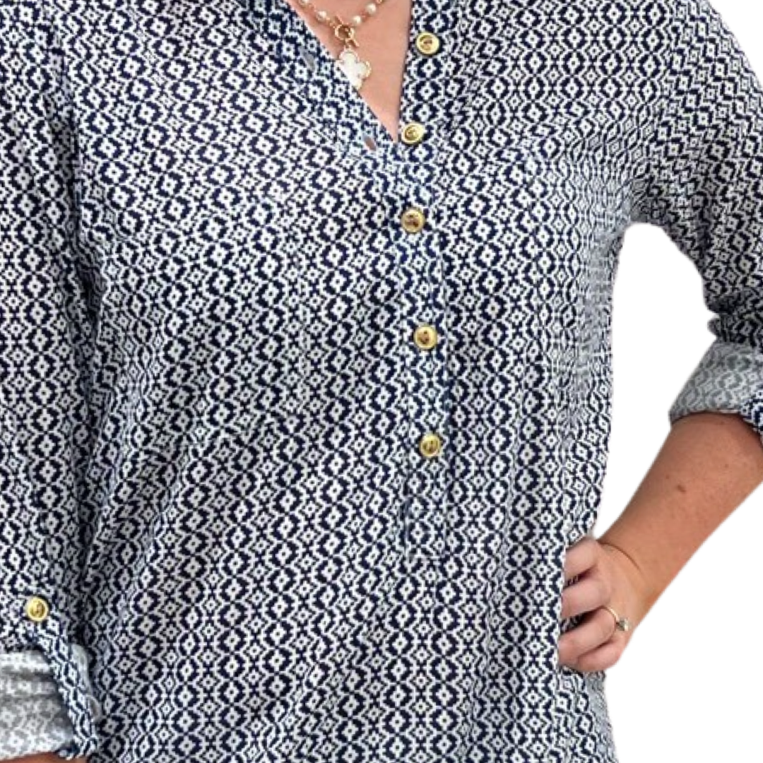 The Gretchen Button Front Long Sleeve top in Navy and White — view 5