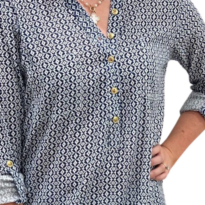 The Gretchen Button Front Long Sleeve top in Navy and White — view 5