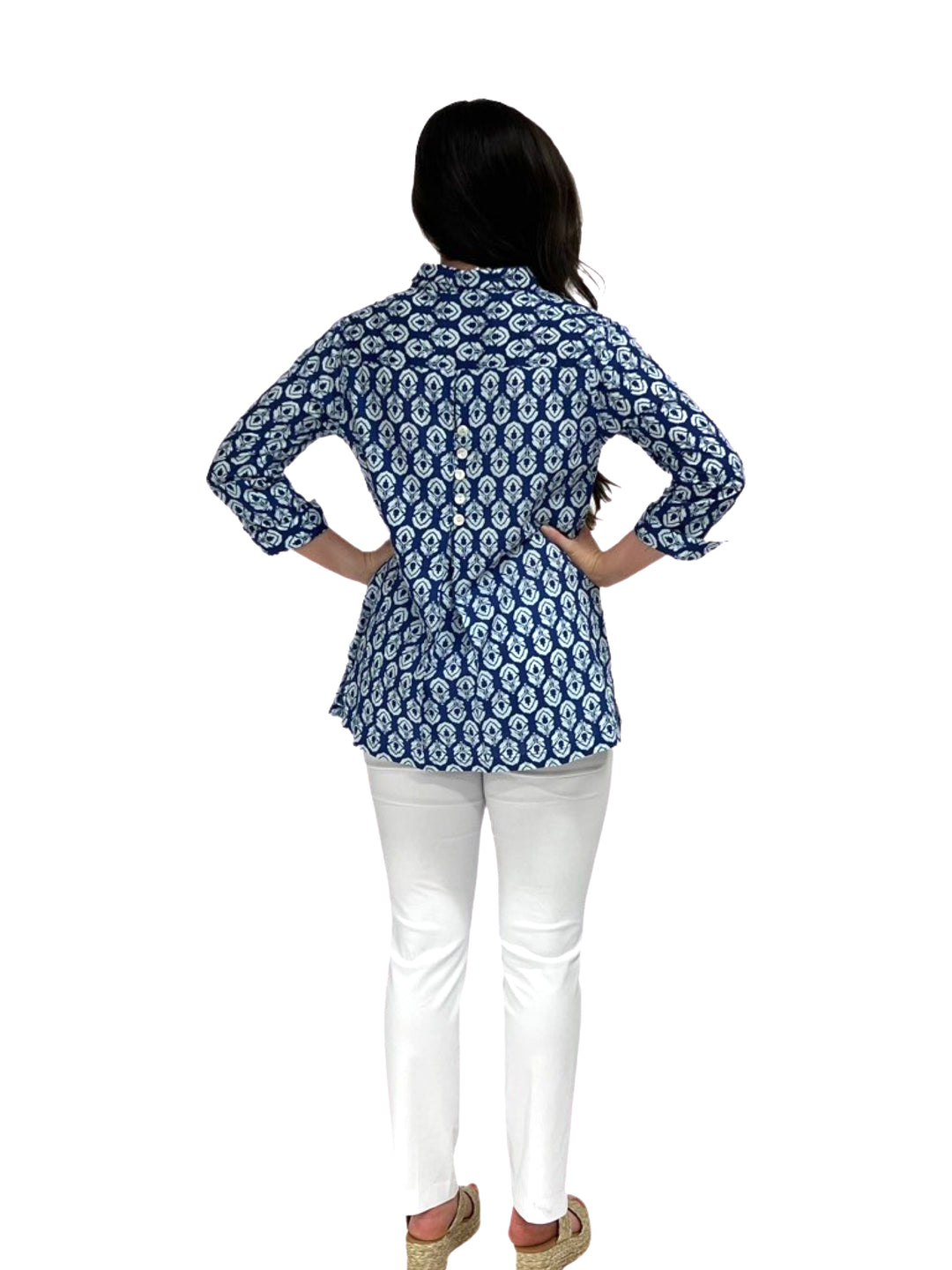 The Mason Navy Blue and White Cotton Button Back Top — view 4