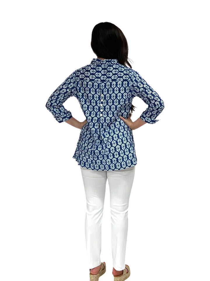 The Mason Navy Blue and White Cotton Button Back Top — view 4