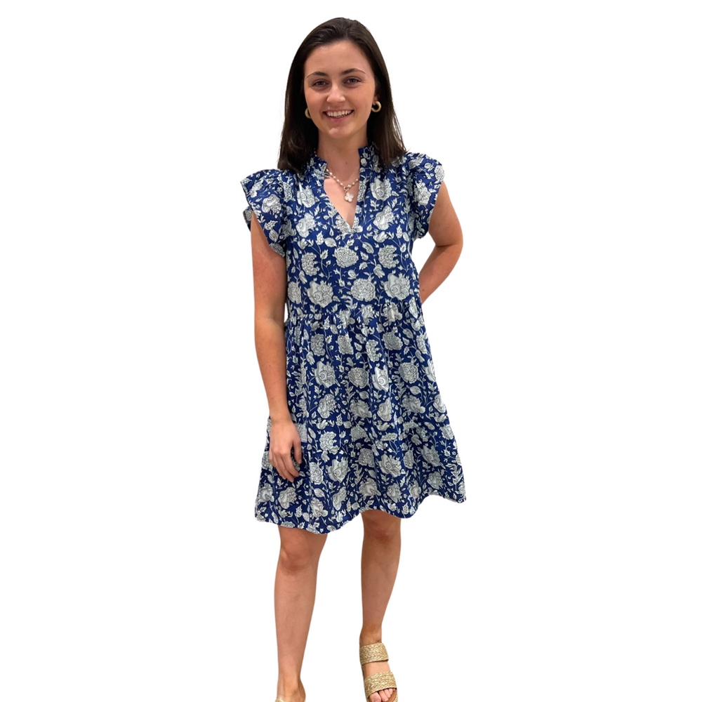 The Tinley Blue White Floral Cotton Block Print Short Dress — view 2