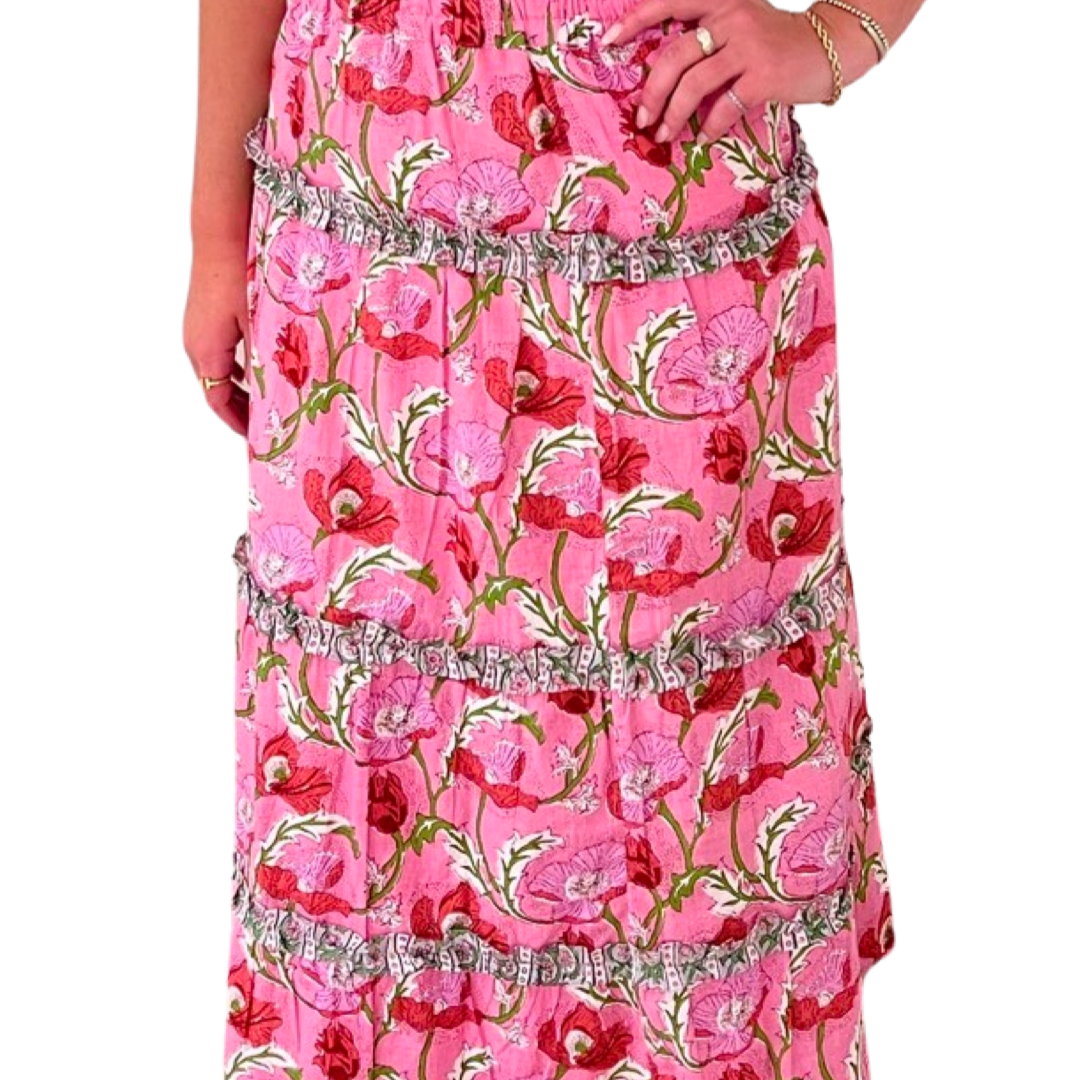 The Kara Block Print Long Length Skirt in Pink Floral – Liza
