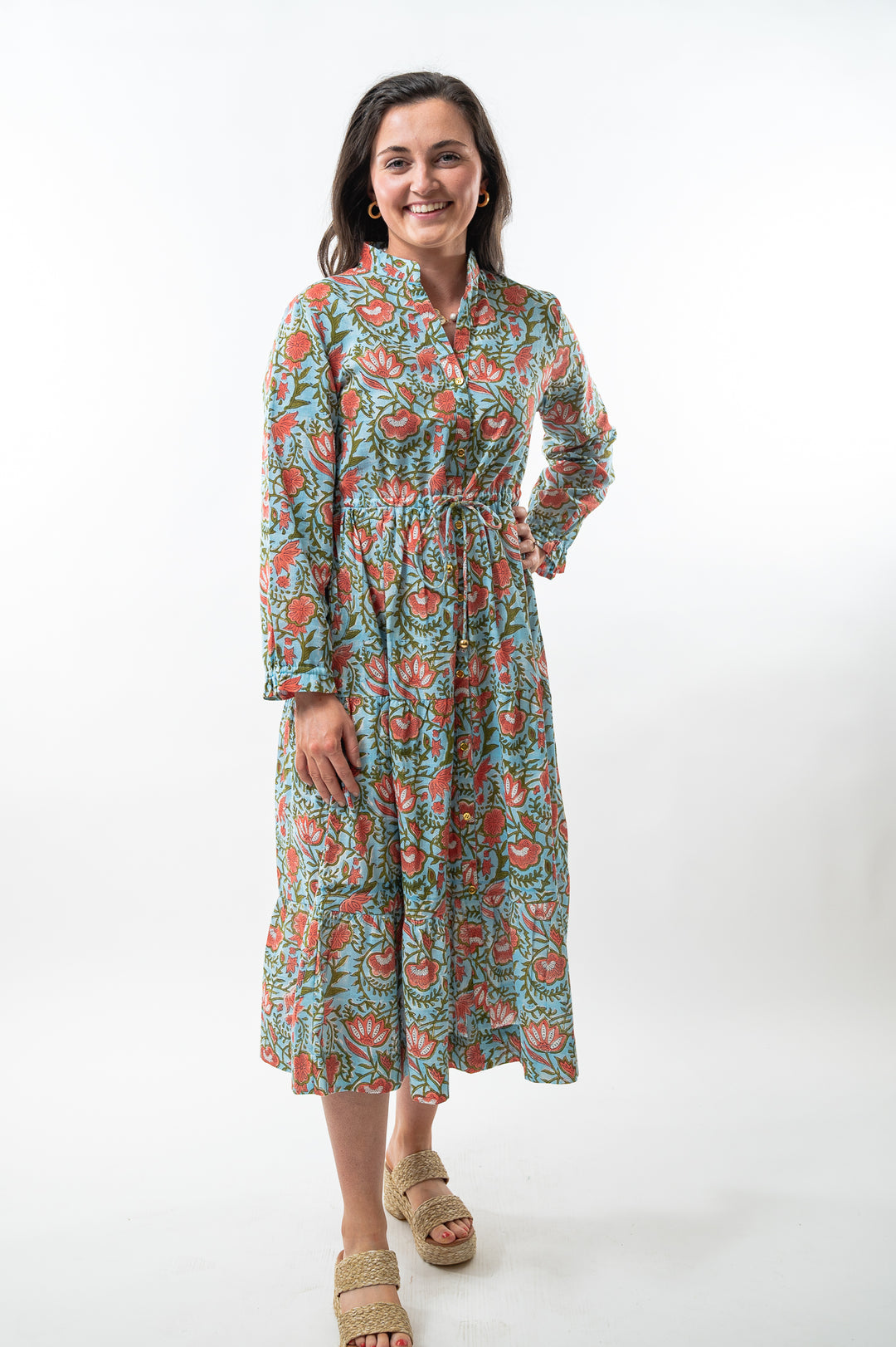 The Hamilton Cinch Waist Long Length Dress in Turquoise and Coral Hand Block Floral — view 4