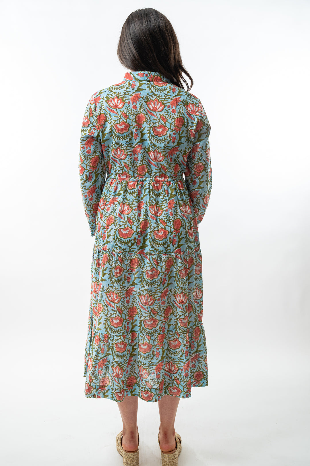 The Hamilton Cinch Waist Long Length Dress in Turquoise and Coral Hand Block Floral — view 7