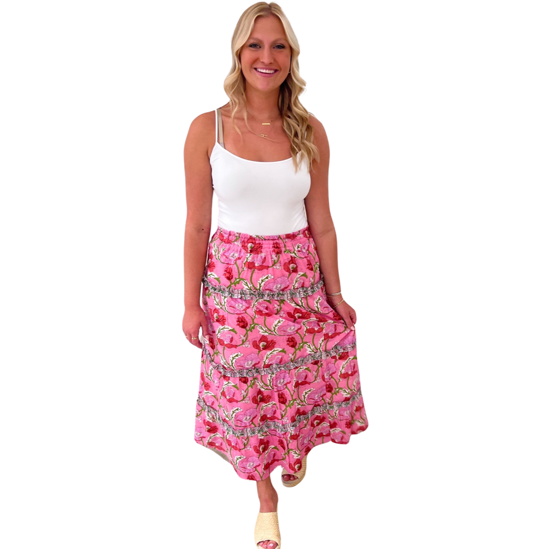 The Kara Block Print Long Length Skirt in Pink Floral — view 3