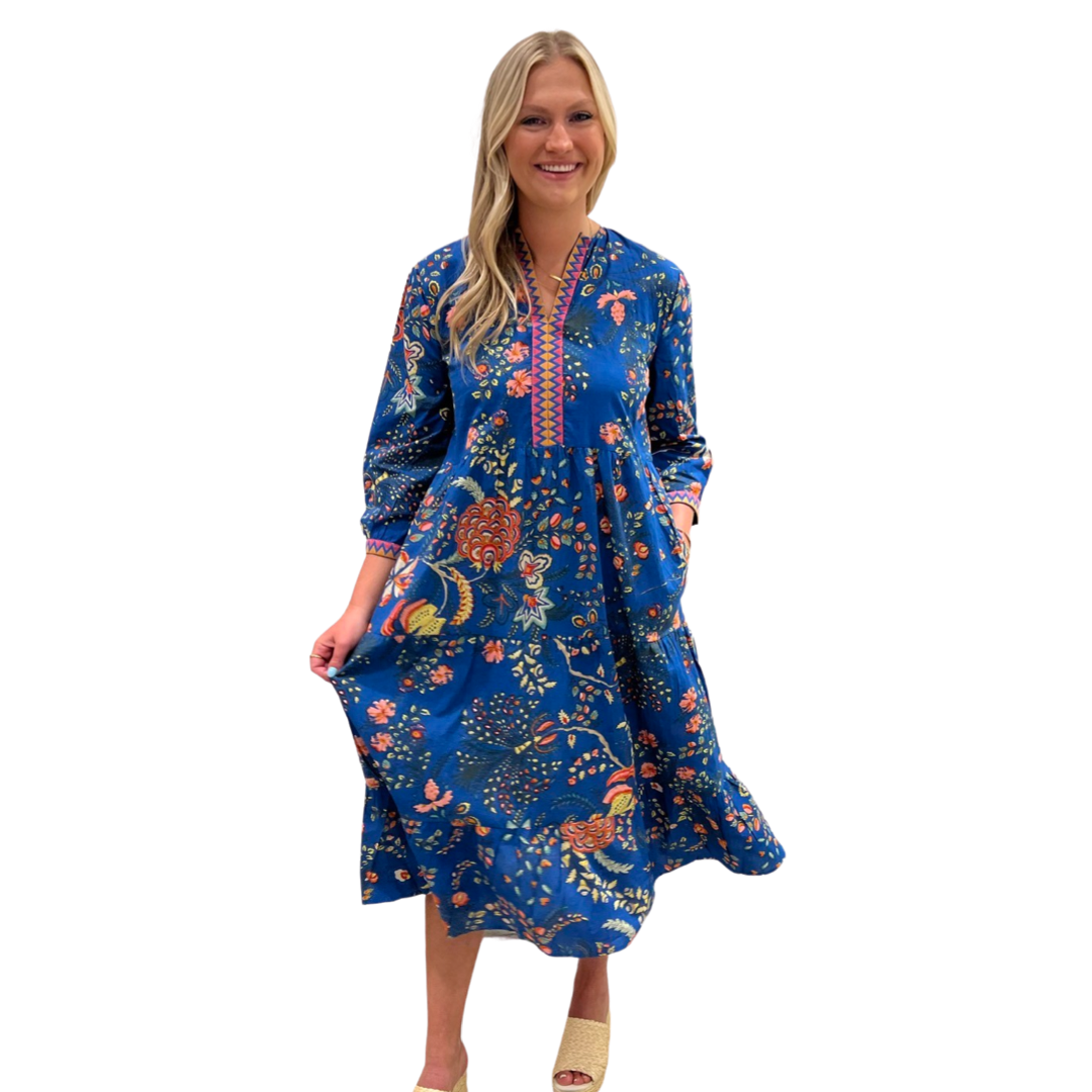 The Daniella Embroidered Trim Long Length Dress in Blue Gallery Floral — view 3