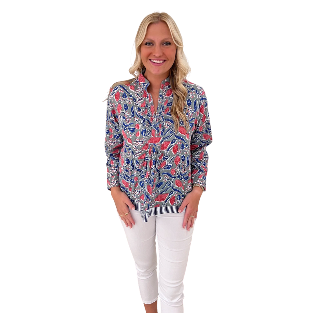 The Alexis Block Print Top in Pink and Blue Floral — view 4