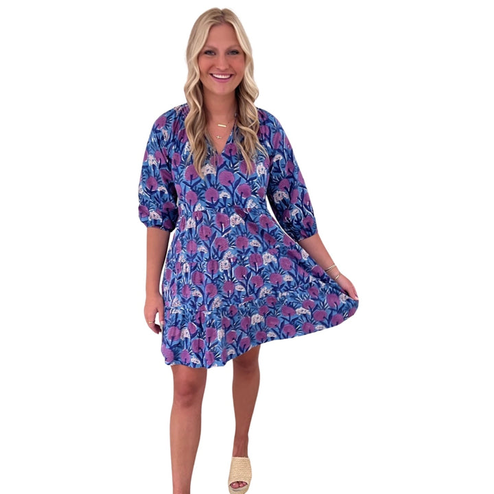 The Dahlia Smocked Neck 3/4 Sleeve Dress in Lavender and Blue Hand Blocked Cotton — view 5