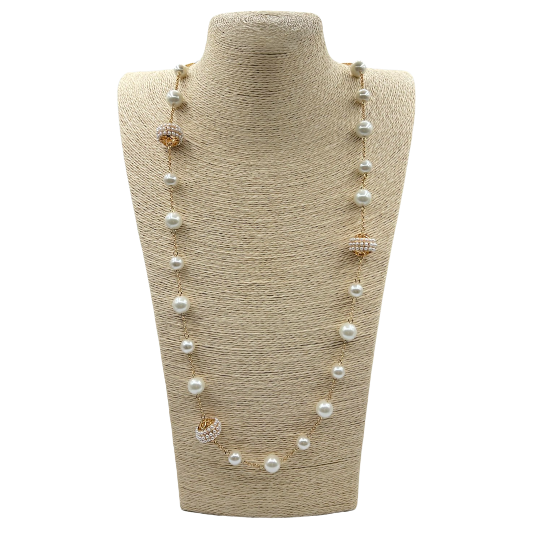Long Pearl Filigree Ball Necklace in Gold