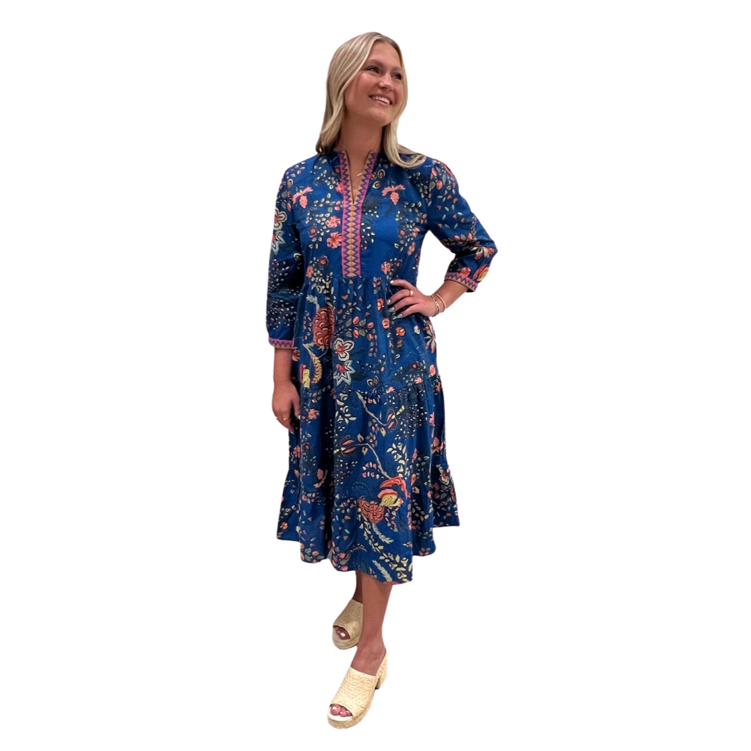 The Daniella Embroidered Trim Long Length Dress in Blue Gallery Floral — view 6