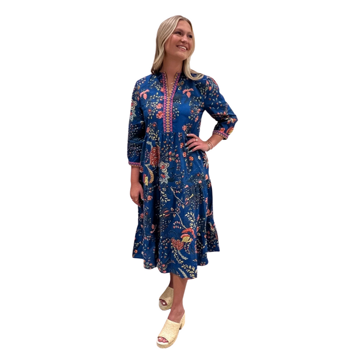 The Daniella Embroidered Trim Long Length Dress in Blue Gallery Floral — view 6