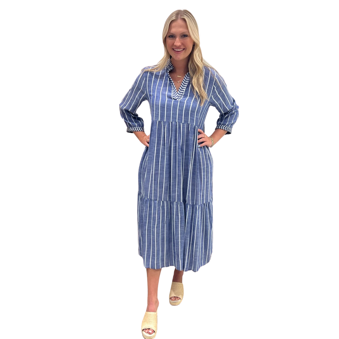 The Morley Long Length Embroidered Trim Striped Dress Liza Byrd The Morley Long Length Embroidered Trim Striped Dress Liza Byrd