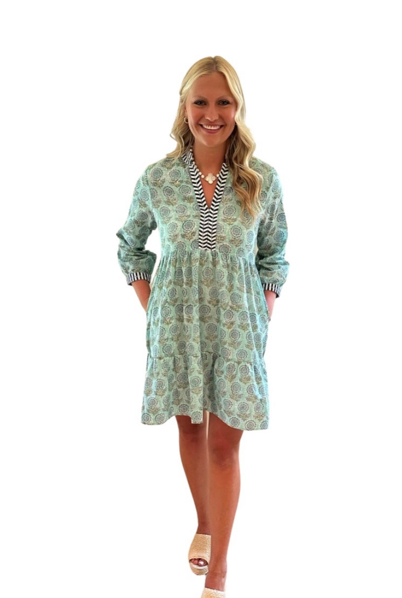 The Naomi Hand Blocked Floral Embroidered Trim Dress in Aqua Liza Byrd The Naomi Hand Blocked Floral Embroidered Trim Dress in Aqua Liza Byrd