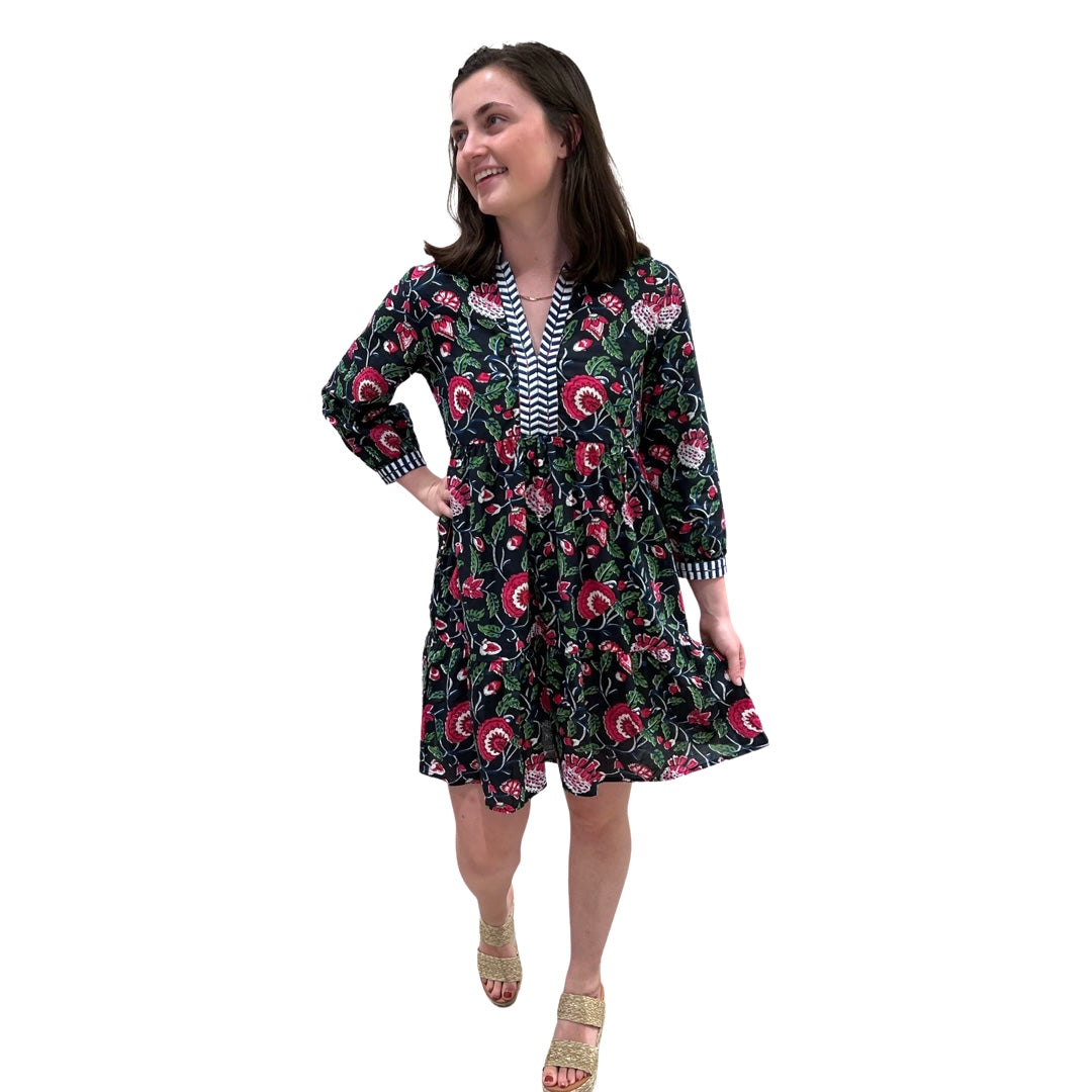 The Naomi Cotton Block Print Black Pink Floral Dress with Embroidered Trim — view 3