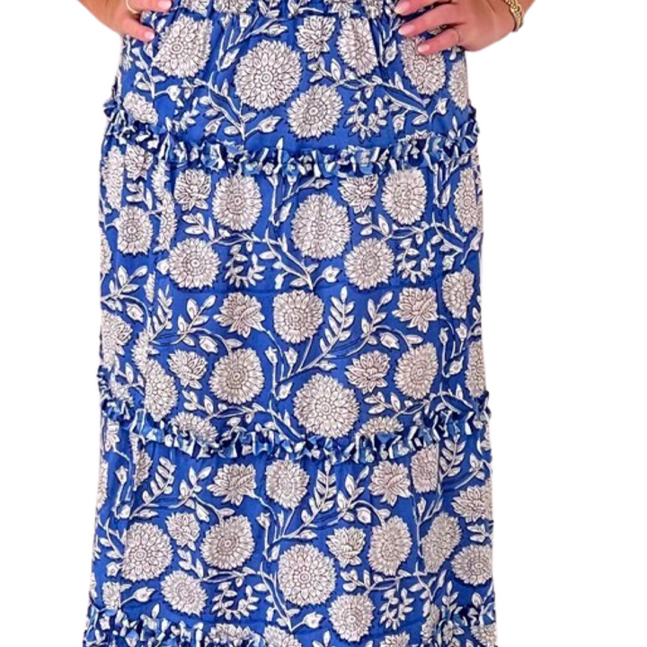 The Kara Long Length Hand Block Printed Skirt in Blue and White — view 3