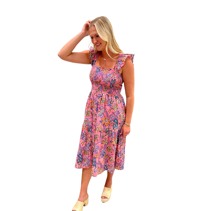 The Cloey Pretty-in-Pink Cotton Block Print Smocked Dress — view 3