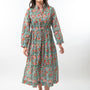 The Hamilton Cinch Waist Long Length Dress in Turquoise and Coral Hand Block Floral
