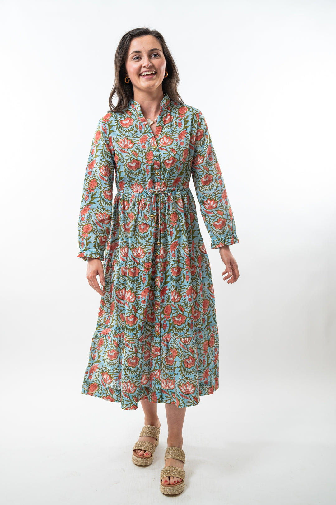 The Hamilton Cinch Waist Long Length Dress in Turquoise and Coral Hand Block Floral