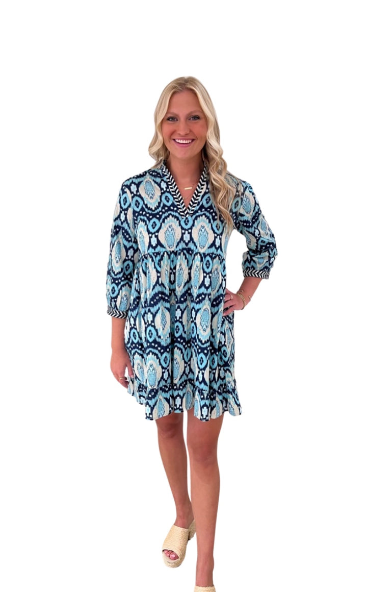 The Morley Turquoise Ikat Embroidered Trim Dress