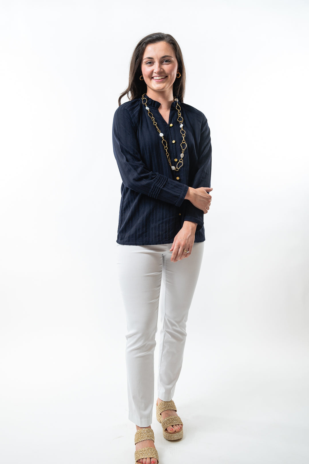 The Clayton Textured Stripe Navy Button Front Top — view 4