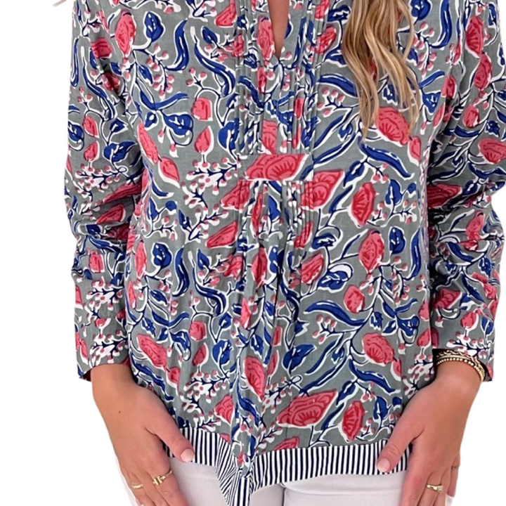 The Alexis Block Print Top in Pink and Blue Floral — view 3
